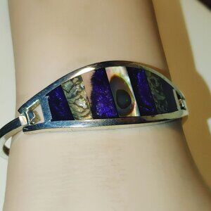 Alpaca Silver Bangle Bracelet Abalone Shell Blue Enamel Hinged Vintage Mexican